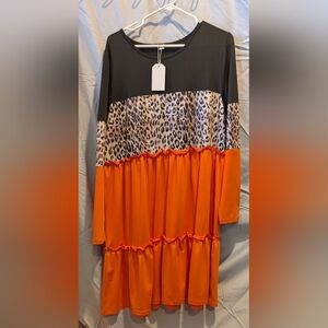 Orange and Leopard Print Long Sleeve Dress
